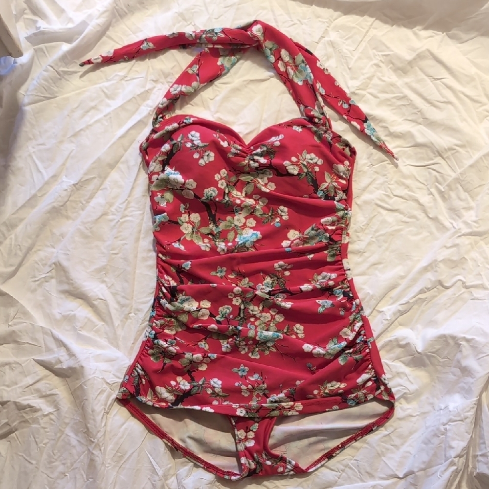 Modcloth Esther Williams Red Floral One Piece Swimsuit with Sweetheart Neckline